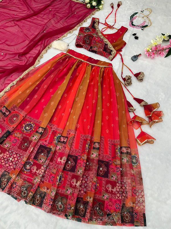 Pure georgette silk digital printed kalamkari lehenga