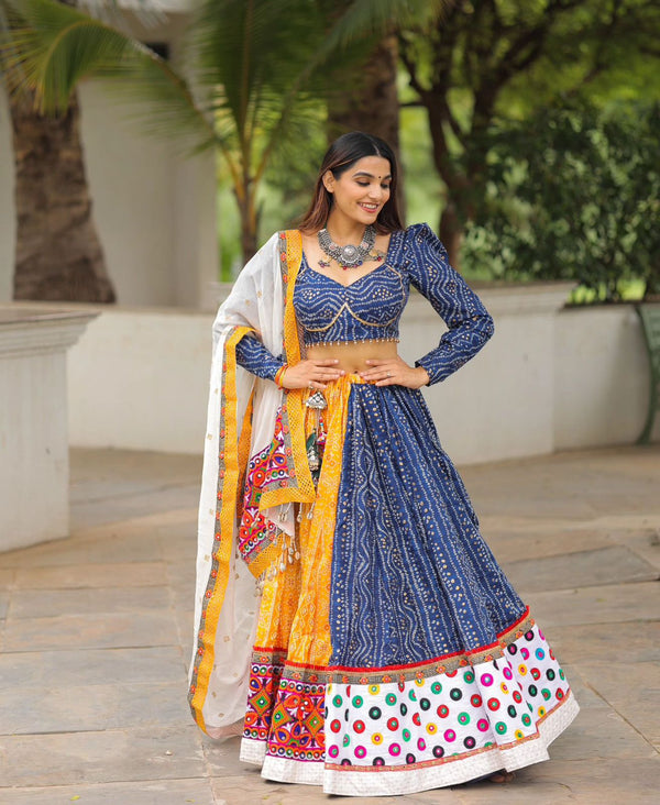 Fiona Blue Yellow Bandej Print And Real Mirror Work Lehenga Choli