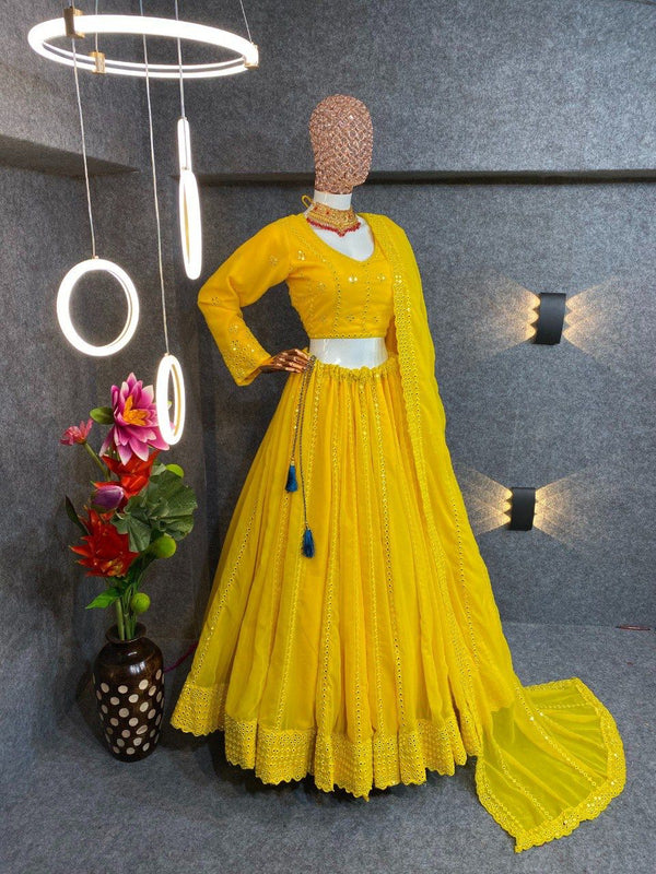 Leman Yellow Color Embroidered Attractive Party Wear Georgette Lehenga choli